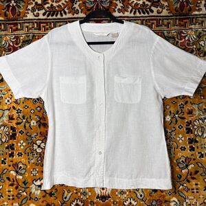 Vintage 100% Linen White Button Up Shirt Collarless Short Sleeve size Large
